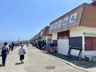 海沿いの歩道に沿って並ぶ店舗の風景。店舗の一つには「めがね丸」という看板が掲げられている。歩道には観光客が歩いており、手前には帽子をかぶった女性やリュックを背負った男性が見える。店舗のシャッターは閉じているが、周囲にはさまざまな物品が置かれている。背景には海が広がり、のどかな雰囲気が漂っている。