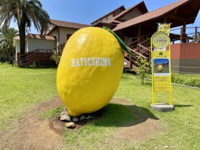 芝生の上に設置された巨大な黄色いレモンのオブジェ。レモンには「HATSUSHIMA」と白い文字で書かれており、観光名所としての存在感がある。オブジェの隣には写真撮影の案内が書かれた看板が立っており、訪れた人々に記念写真を勧めている。背景には木造の建物とヤシの木が見え、リゾート地の雰囲気が漂っている。