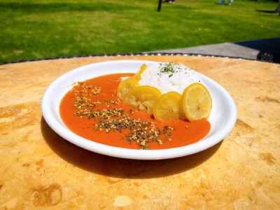 白い皿に盛り付けられたカレーライスがテーブルに置かれている。カレーにはレモンスライスがトッピングされ、ライスの上にはパセリが振りかけられている。鮮やかなオレンジ色のソースと白いライス、黄色いレモンスライスのコントラストが美しい。背景には緑の芝生が広がり、屋外での食事を楽しむ様子が伺える。