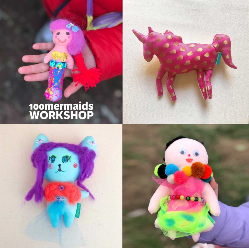 Four plush toys crafted in a workshop