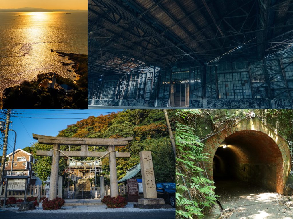 Upper right: "Nagaura Warehouse and Siding, Yokosuka" Lower left: "Torii of West Kano Shrine" Upper left: "Sunset and Sea at Kannonzaki Lighthouse" Lower right: "Brick Tunnels of Kannonzaki Gun Battery Group"