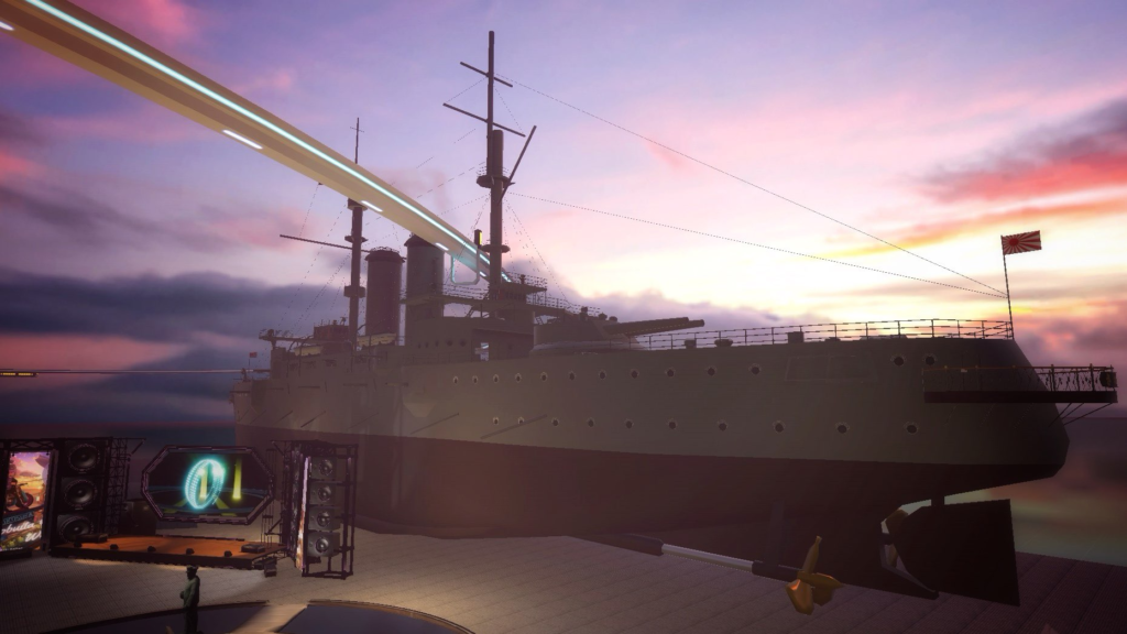 Web Graphic: Dusk view of the majestic battleship Mikasa with a live venue visible under the pink and purple sky.
