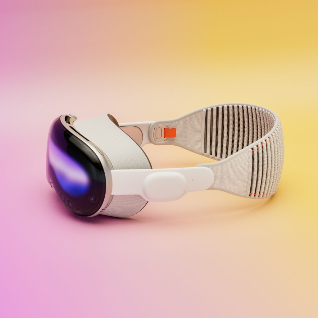 3D Graphic: VR goggles suspended against a backdrop of pink and yellow gradient, creating a futuristic atmosphere.