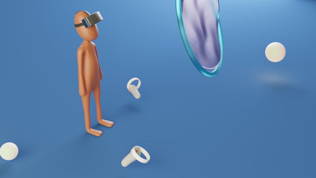 In a blue room, a yellow humanoid character wearing VR goggles is standing. Around them, two floating controllers create a futuristic image.