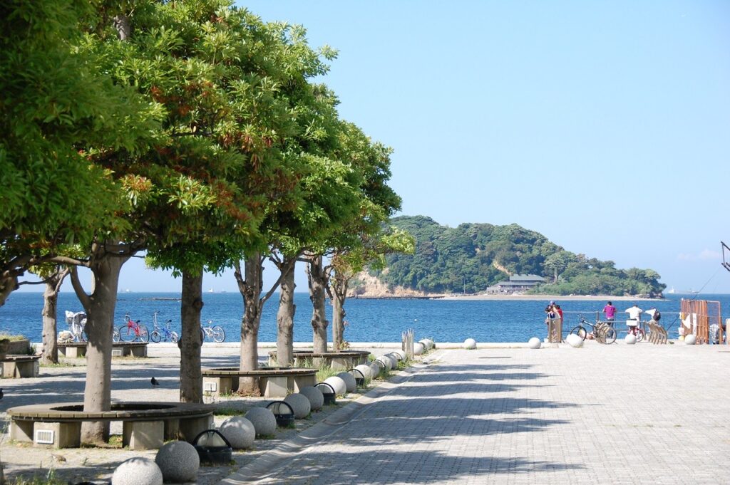 Umikaze Park in Yokosuka with a spacious lawn, shaded trees, and a clear view of Sarushima Island in the background.