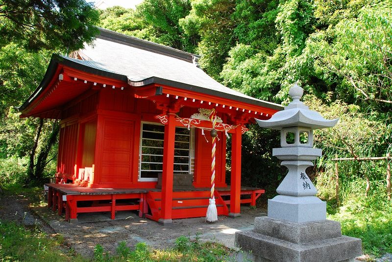 Vermilion shrine building at Awashima Shrine in Ashina, Yokosuka