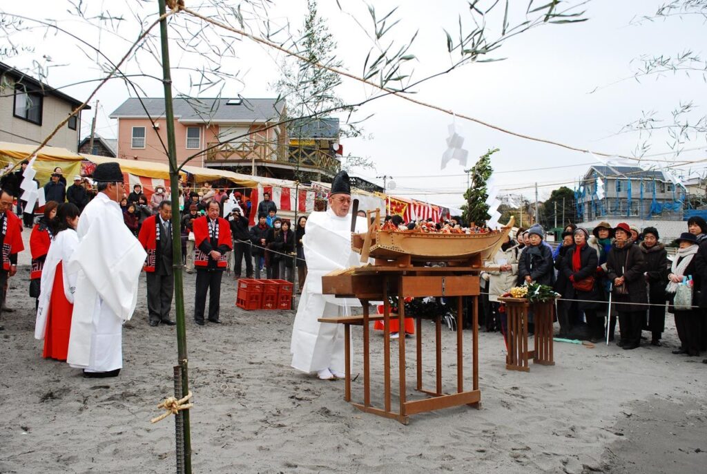 Nagashi-bina hina floating ceremony at Ashina Coast during the Awashima Shrine festival in Yokosuka